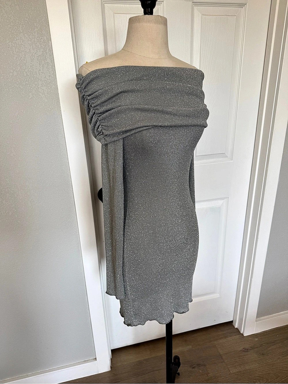 ZARA Ruched off the Shoulder Sparkly Gray Mini Dress